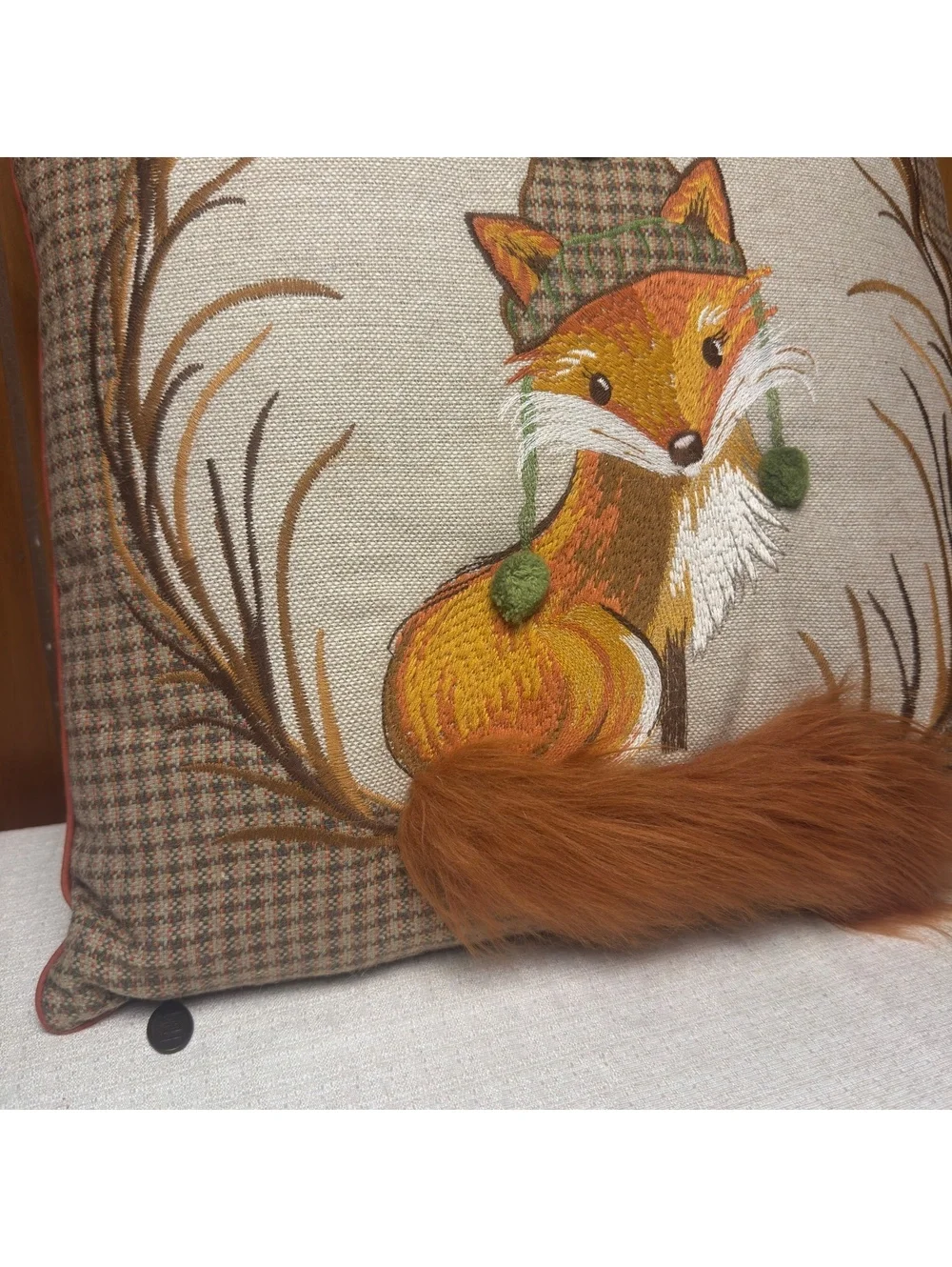 Vintage Pier 1 Fox Throw Pillow 16x16 Embroidered Woodland Pom Pom Tail